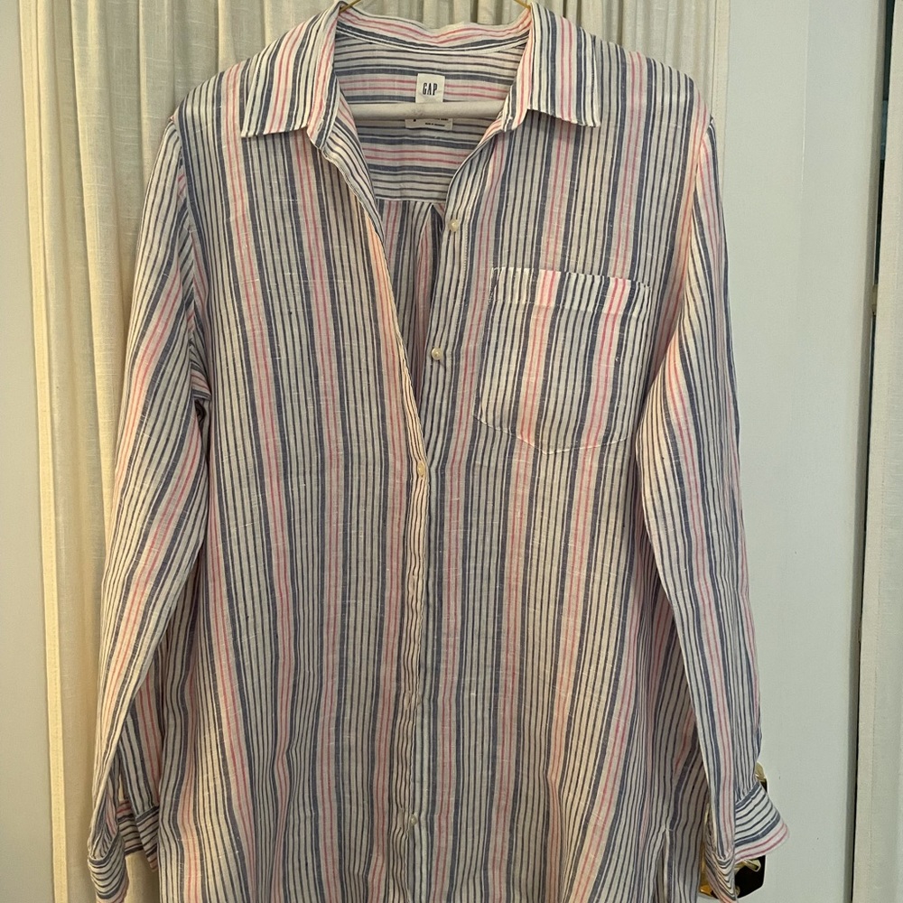 Gap “Boyfriend” Linen Stripe Shirt Med